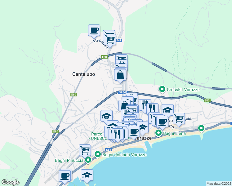 map of restaurants, bars, coffee shops, grocery stores, and more near 29 Via Monte Grappa in Varazze