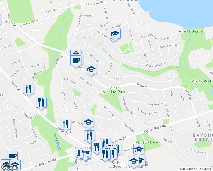 map of restaurants, bars, coffee shops, grocery stores, and more near 150 Hurst Drive in Barrie