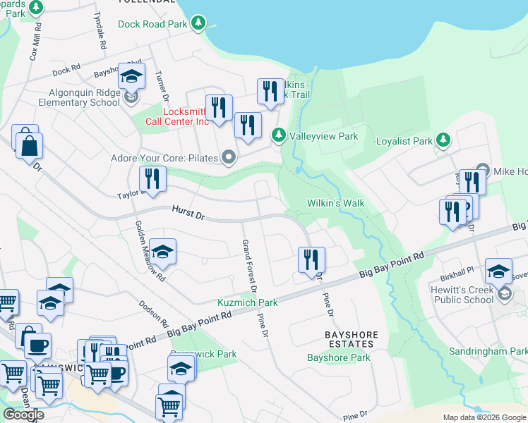 map of restaurants, bars, coffee shops, grocery stores, and more near 1 Bloxham Place in Barrie