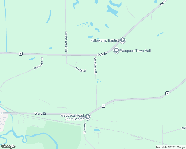 map of restaurants, bars, coffee shops, grocery stores, and more near E3389 North Hill Road in Waupaca