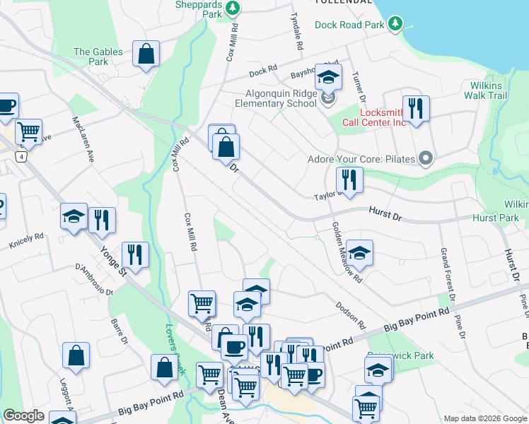 map of restaurants, bars, coffee shops, grocery stores, and more near 90 Bruce Crescent in Barrie