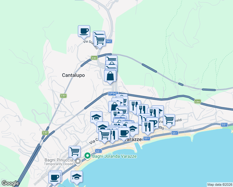map of restaurants, bars, coffee shops, grocery stores, and more near in Varazze