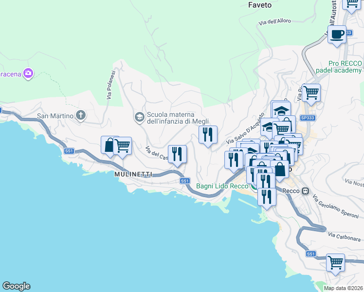 map of restaurants, bars, coffee shops, grocery stores, and more near 46 Via del Castello in Recco