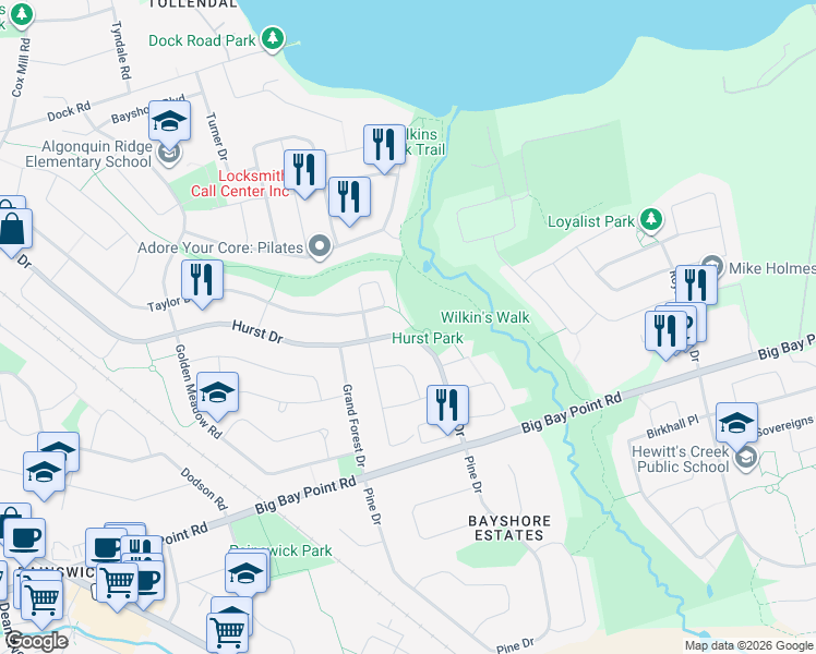map of restaurants, bars, coffee shops, grocery stores, and more near 38 Hurst Drive in Barrie