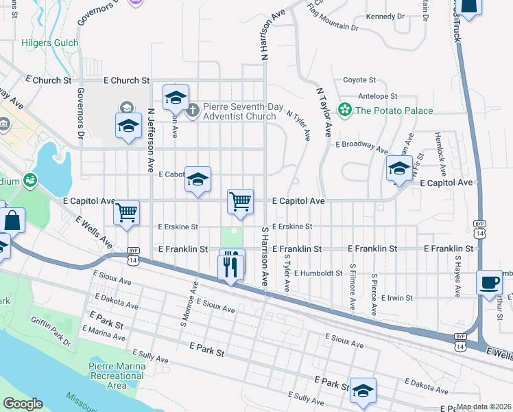 map of restaurants, bars, coffee shops, grocery stores, and more near 1501-1599 East Capitol Avenue in Pierre