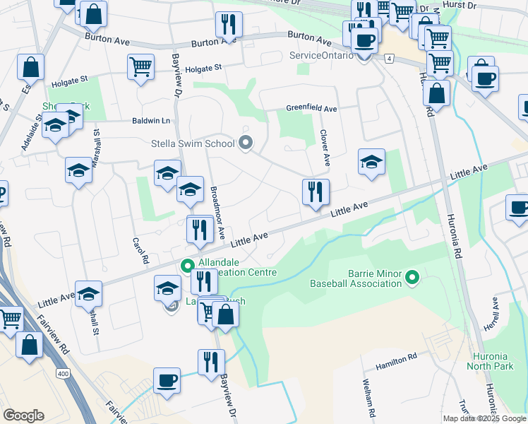 map of restaurants, bars, coffee shops, grocery stores, and more near Ridgeway Avenue in Barrie