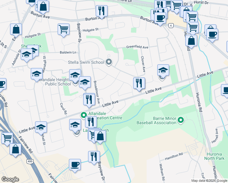 map of restaurants, bars, coffee shops, grocery stores, and more near 36 Ridgeway Avenue in Barrie