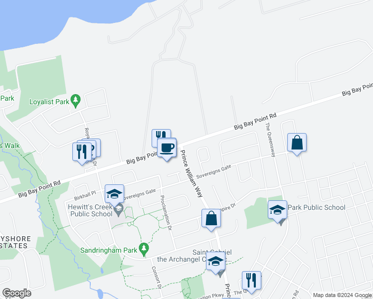 map of restaurants, bars, coffee shops, grocery stores, and more near 3 Prince William Way in Barrie