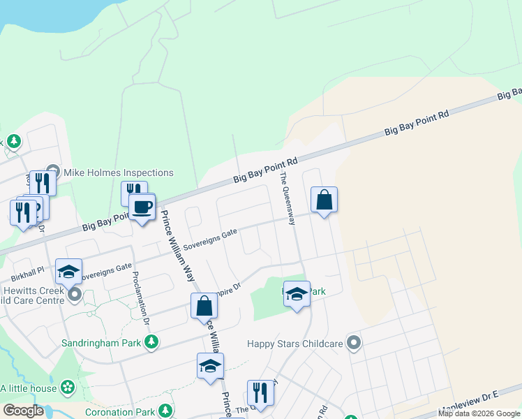 map of restaurants, bars, coffee shops, grocery stores, and more near 33 Connaught Lane in Barrie