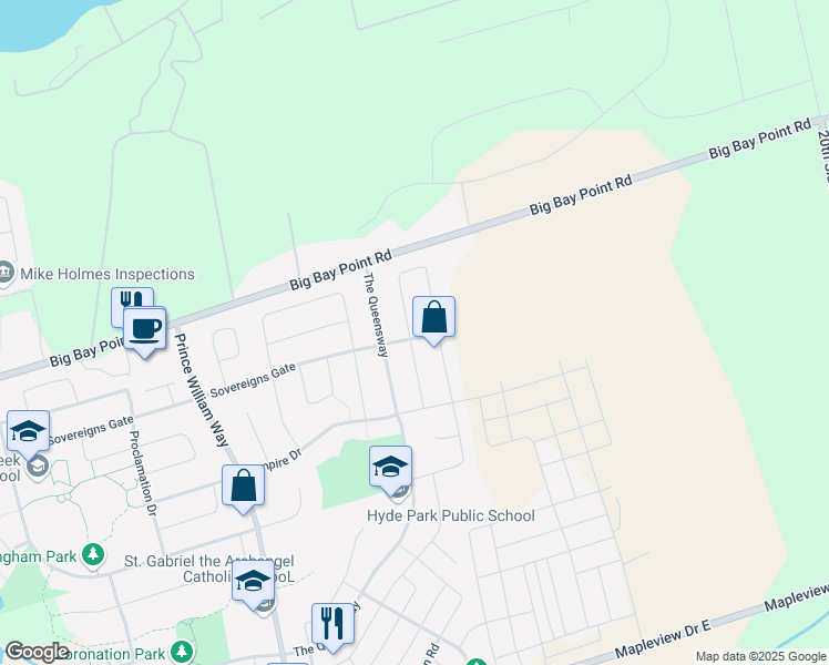 map of restaurants, bars, coffee shops, grocery stores, and more near 424 Sovereigns Gate in Barrie