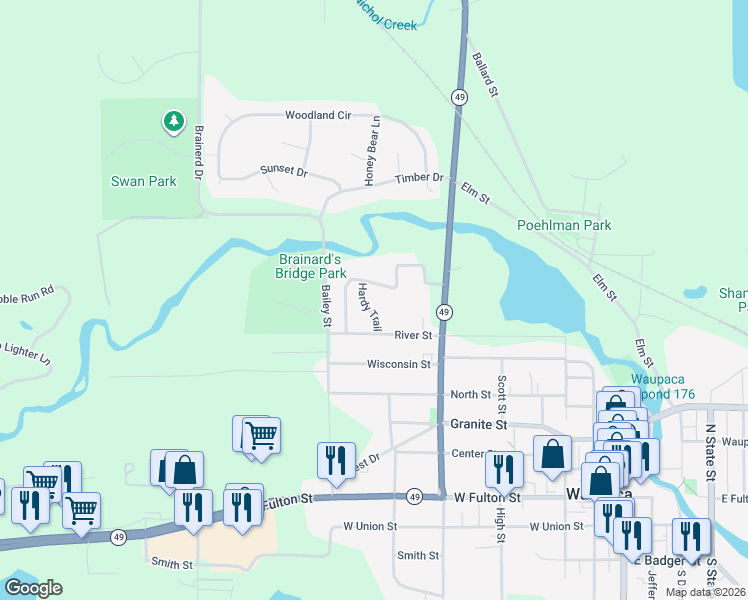 map of restaurants, bars, coffee shops, grocery stores, and more near 624 Hardy Trail in Waupaca