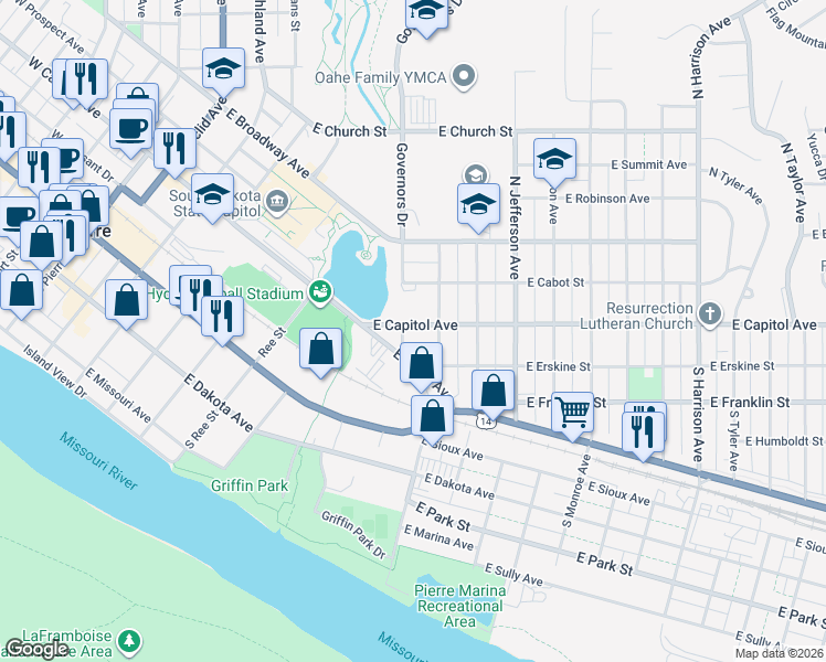 map of restaurants, bars, coffee shops, grocery stores, and more near 500 E Capitol Ave in Pierre