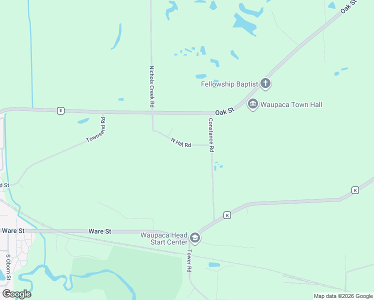 map of restaurants, bars, coffee shops, grocery stores, and more near E3355 North Hill Road in Waupaca