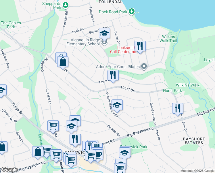 map of restaurants, bars, coffee shops, grocery stores, and more near 122 Hurst Drive in Barrie