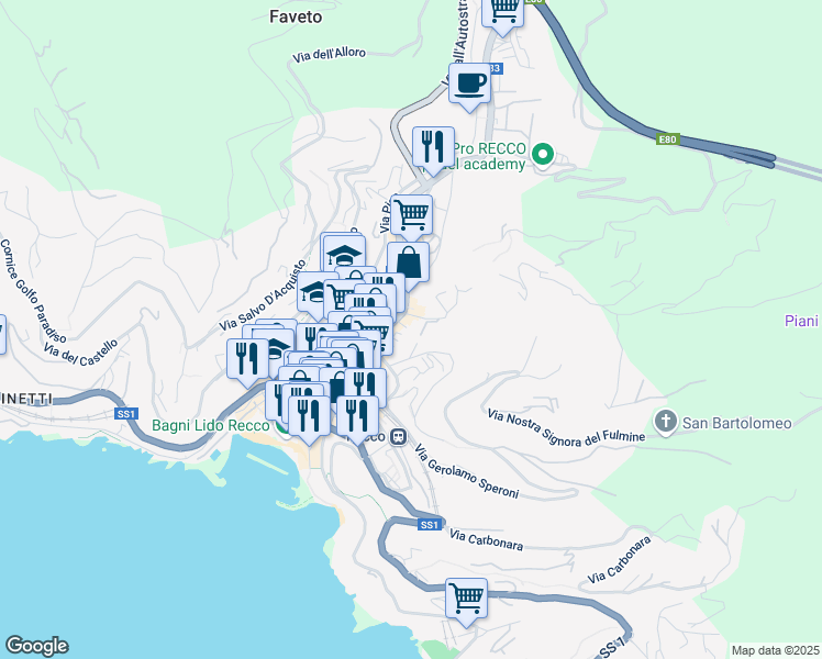 map of restaurants, bars, coffee shops, grocery stores, and more near 6 Salita Privata Sant'Antonio in Recco