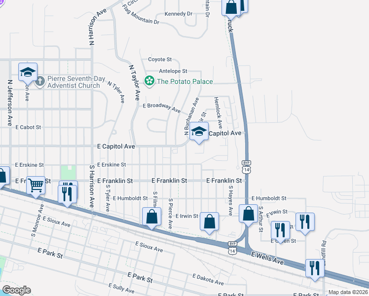map of restaurants, bars, coffee shops, grocery stores, and more near South Buchanan Avenue in Pierre