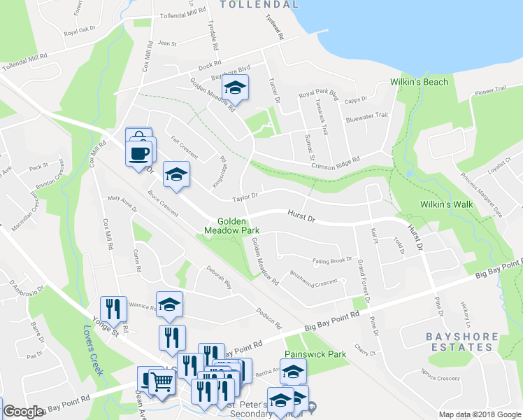 map of restaurants, bars, coffee shops, grocery stores, and more near 122 Hurst Drive in Barrie