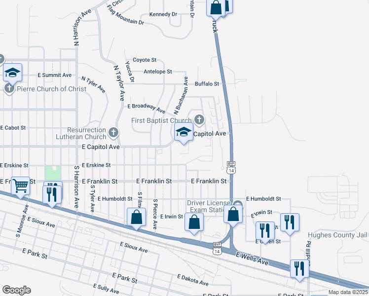 map of restaurants, bars, coffee shops, grocery stores, and more near 100 North Buchanan Avenue in Pierre