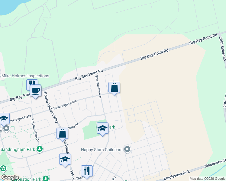 map of restaurants, bars, coffee shops, grocery stores, and more near 204 Sovereigns Gate in Barrie