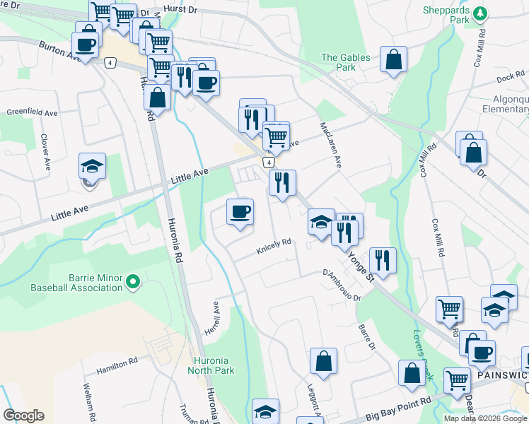 map of restaurants, bars, coffee shops, grocery stores, and more near 28 Harwood Drive in Barrie