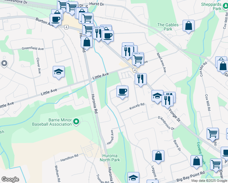 map of restaurants, bars, coffee shops, grocery stores, and more near 14 Herrell Avenue in Barrie