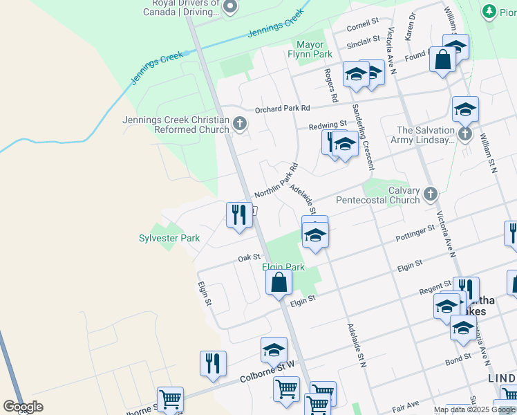 map of restaurants, bars, coffee shops, grocery stores, and more near 180 Angeline Street North in Lindsay