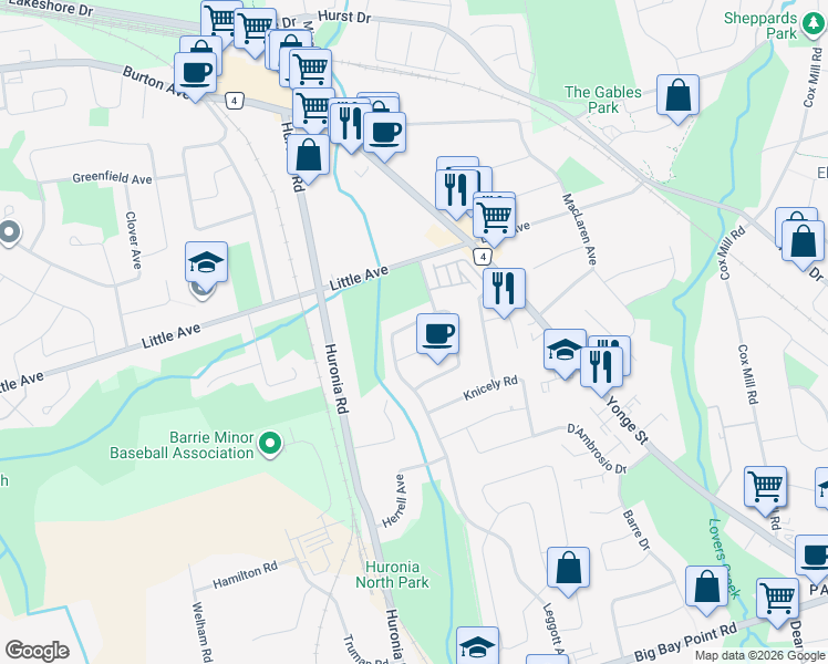 map of restaurants, bars, coffee shops, grocery stores, and more near 12 Herrell Avenue in Barrie