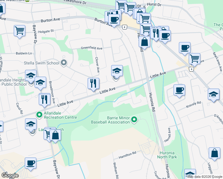 map of restaurants, bars, coffee shops, grocery stores, and more near 211 Little Avenue in Barrie