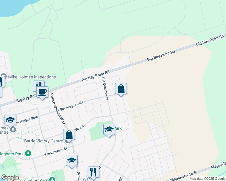 map of restaurants, bars, coffee shops, grocery stores, and more near 424 Sovereigns Gate in Barrie