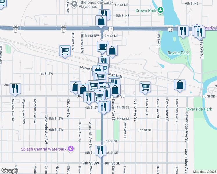 map of restaurants, bars, coffee shops, grocery stores, and more near 231 Kansas Avenue Southeast in Huron