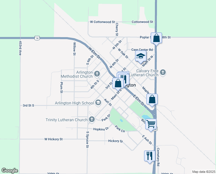 map of restaurants, bars, coffee shops, grocery stores, and more near 203 3rd Street South in Arlington