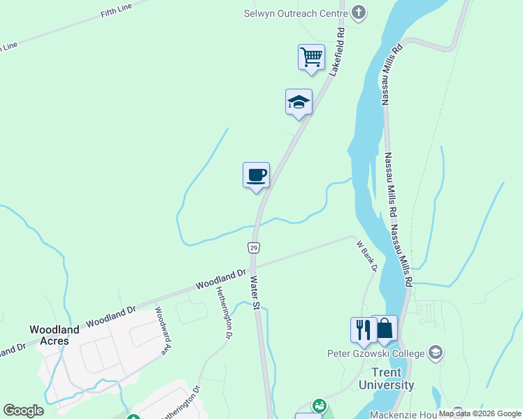 map of restaurants, bars, coffee shops, grocery stores, and more near Lakefield Road in Peterborough