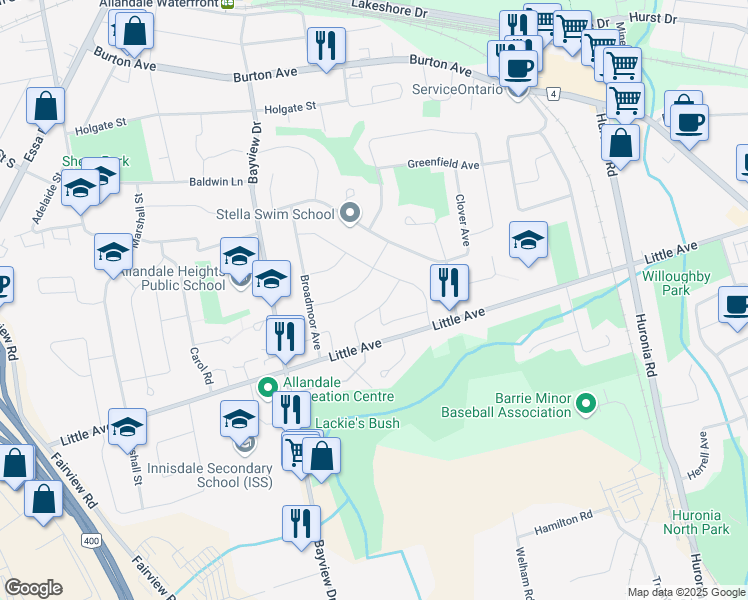 map of restaurants, bars, coffee shops, grocery stores, and more near 42 Ridgeway Avenue in Barrie
