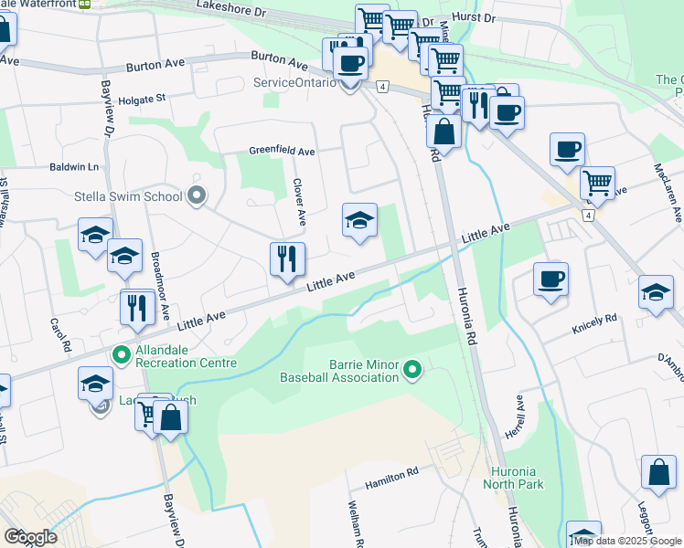 map of restaurants, bars, coffee shops, grocery stores, and more near 211 Little Avenue in Barrie
