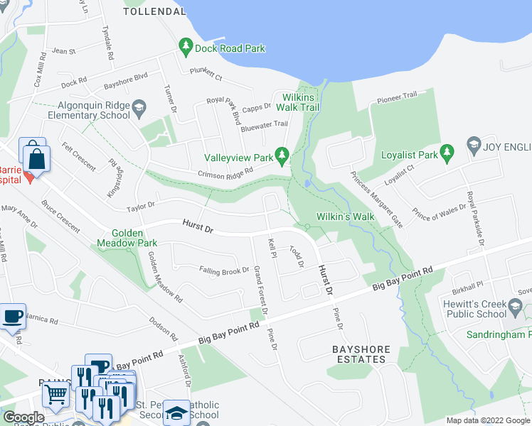 map of restaurants, bars, coffee shops, grocery stores, and more near Bloxham Place in Barrie