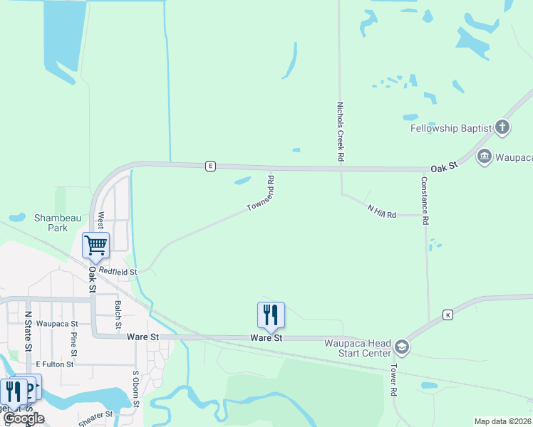 map of restaurants, bars, coffee shops, grocery stores, and more near 1600 Townsend Road in Waupaca
