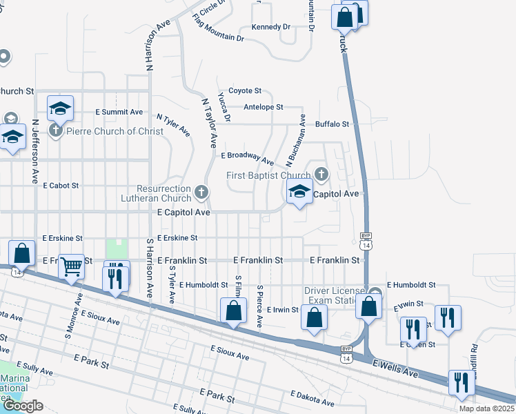 map of restaurants, bars, coffee shops, grocery stores, and more near South Pierce Avenue in Pierre