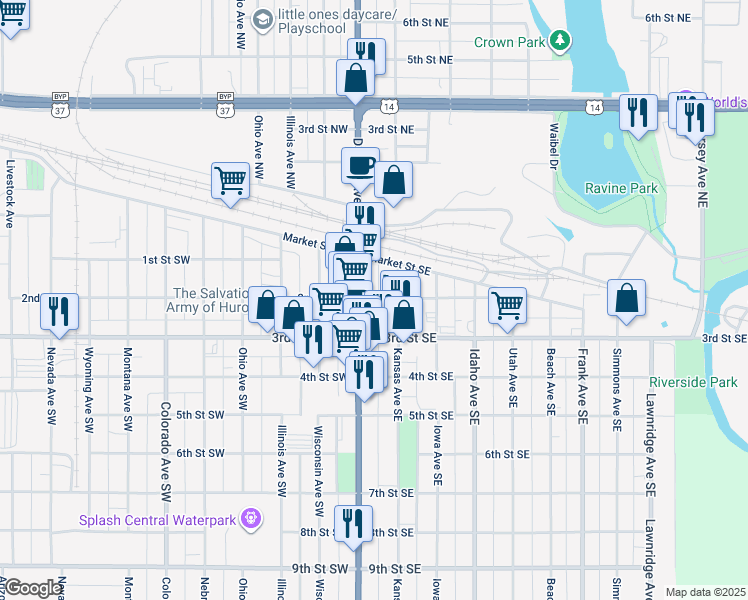 map of restaurants, bars, coffee shops, grocery stores, and more near in Huron