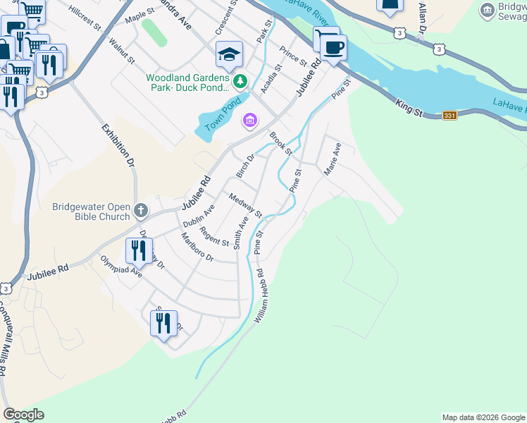 map of restaurants, bars, coffee shops, grocery stores, and more near 55 Medway Street in Bridgewater