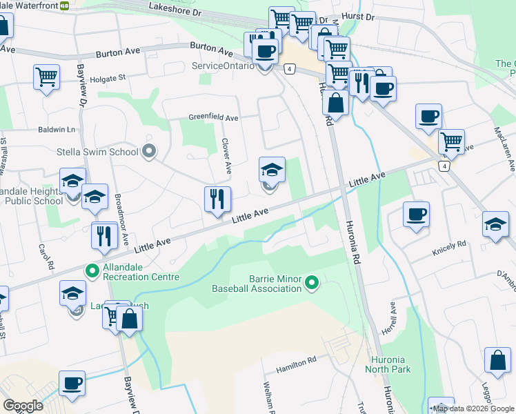 map of restaurants, bars, coffee shops, grocery stores, and more near 212 Little Avenue in Barrie