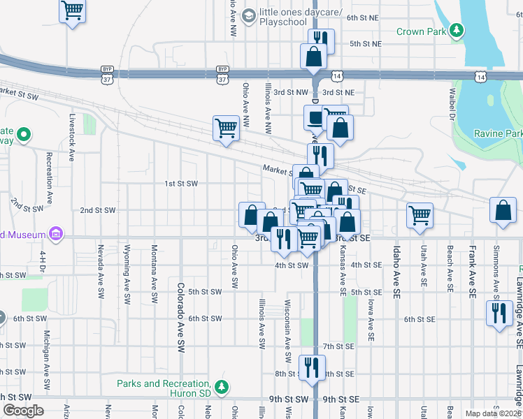 map of restaurants, bars, coffee shops, grocery stores, and more near 198 Illinois Ave SW in Huron