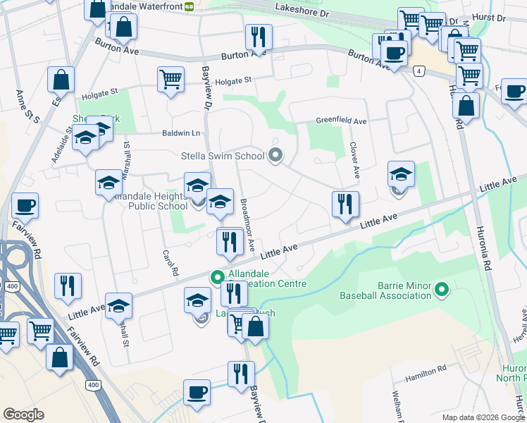 map of restaurants, bars, coffee shops, grocery stores, and more near 8 Meadowland Avenue in Barrie