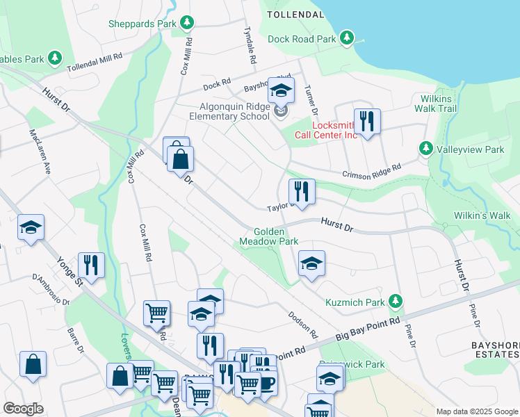map of restaurants, bars, coffee shops, grocery stores, and more near 150 Hurst Drive in Barrie