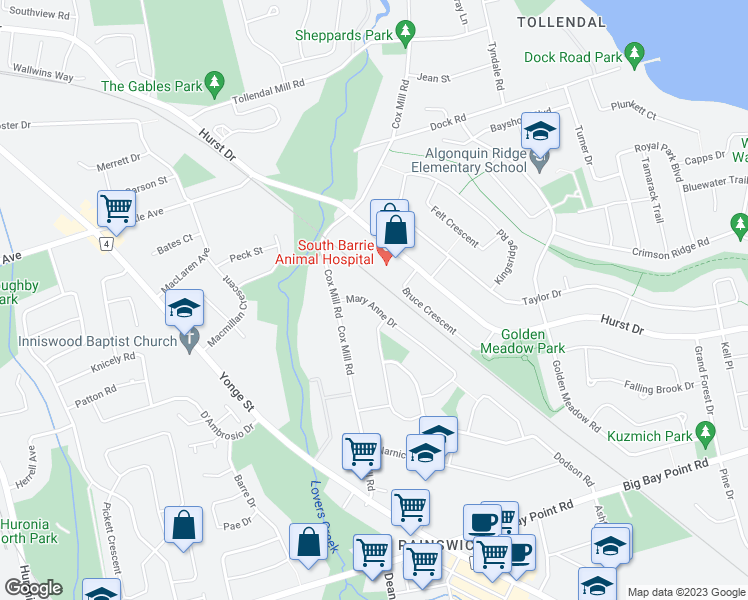 map of restaurants, bars, coffee shops, grocery stores, and more near 265 Mary Anne Drive in Barrie