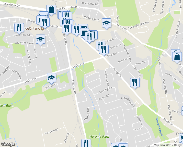 map of restaurants, bars, coffee shops, grocery stores, and more near 12 Herrell Avenue in Barrie