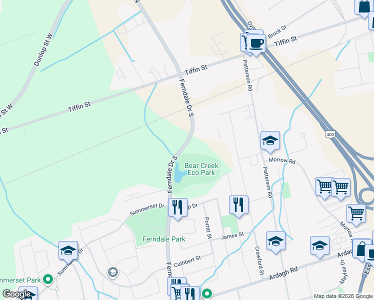 map of restaurants, bars, coffee shops, grocery stores, and more near 41 Ferndale Drive South in Barrie