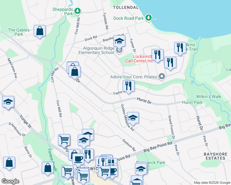 map of restaurants, bars, coffee shops, grocery stores, and more near in Barrie