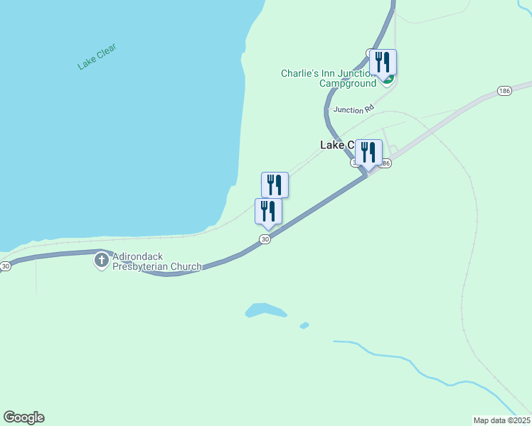 map of restaurants, bars, coffee shops, grocery stores, and more near 6319 New York 30 in Lake Clear
