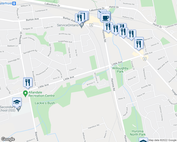 map of restaurants, bars, coffee shops, grocery stores, and more near 226 Little Avenue in Barrie