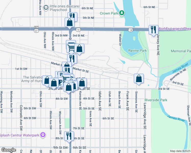 map of restaurants, bars, coffee shops, grocery stores, and more near 201-299 Idaho Ave SE in Huron